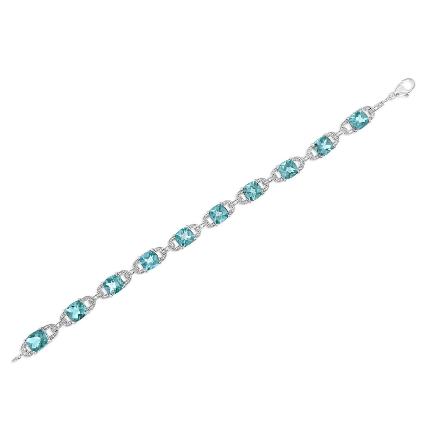 .925 Sterling Silver 7x7 mm Cushion Cut Blue Topaz and 1/20 cttw Round Cut Diamond Fashion Tennis Bracelet (I-J Color, I1-I2 Clarity) - 7" - (The Luxe Line)