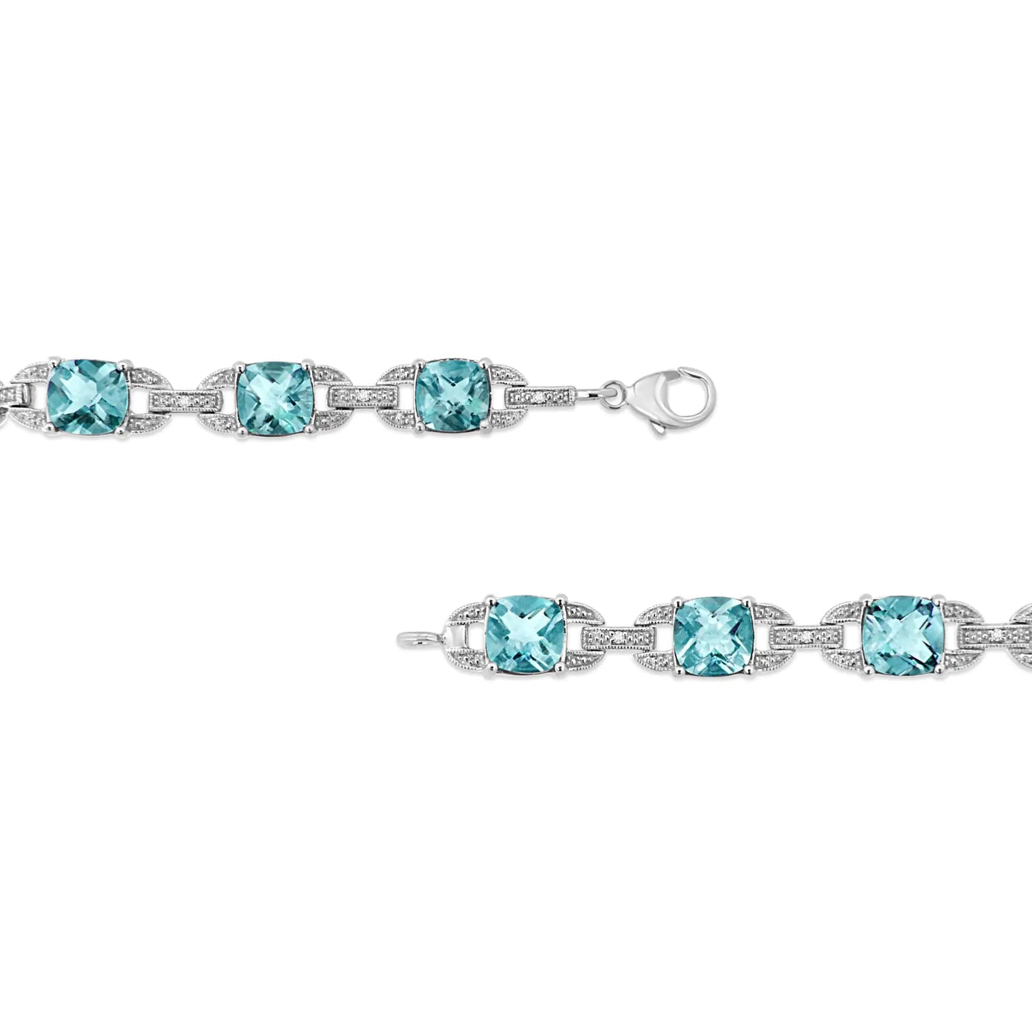 .925 Sterling Silver 7x7 mm Cushion Cut Blue Topaz and 1/20 cttw Round Cut Diamond Fashion Tennis Bracelet (I-J Color, I1-I2 Clarity) - 7" - (The Luxe Line)