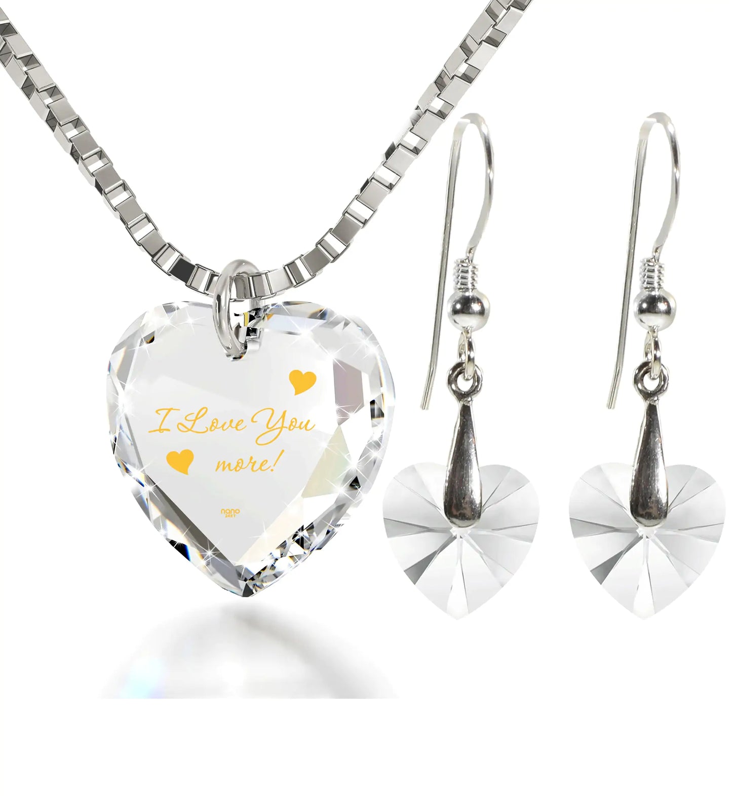 Nano Style - Tiny Heart Jewelry Set 24k Gold Inscribed "I Love You More" Necklace and Drop Earrings - (The Luxe Line)