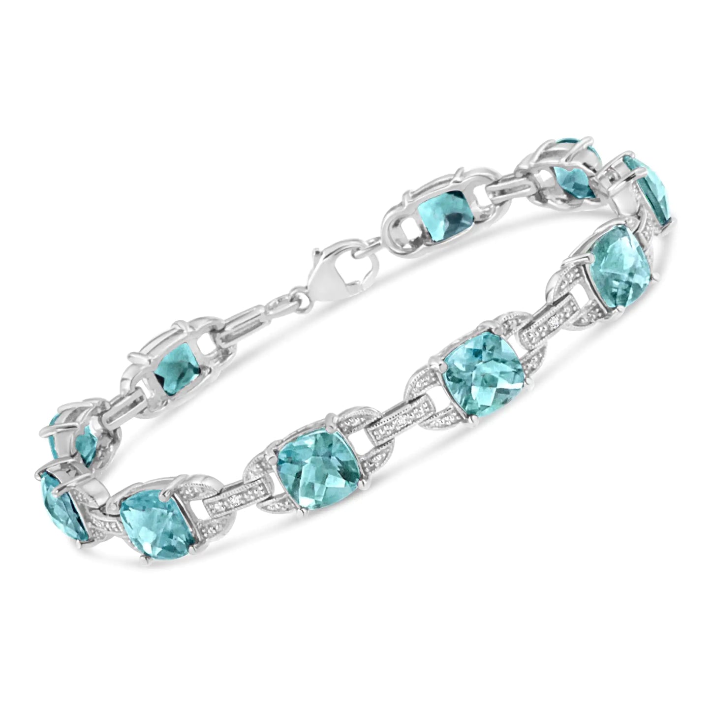 .925 Sterling Silver 7x7 mm Cushion Cut Blue Topaz and 1/20 cttw Round Cut Diamond Fashion Tennis Bracelet (I-J Color, I1-I2 Clarity) - 7" - (The Luxe Line)