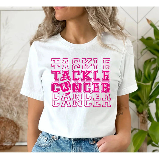 Tackle Cancer Stacked Football - Graphic Tee - Breast Cancer Awareness