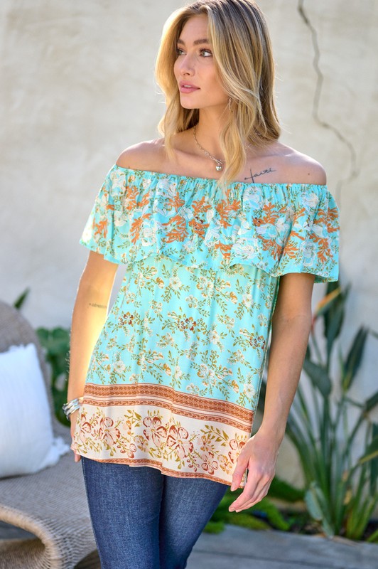 Davi & Dani - Printed Off Shoulder Smocked Top