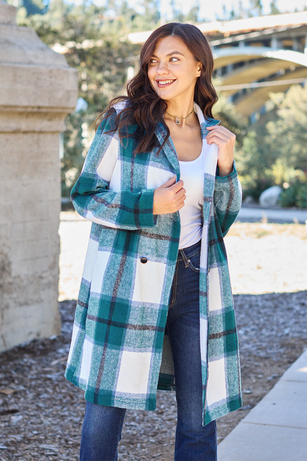 Double Take - Plaid Button Up Lapel Collar Coat - Size: S-3XL