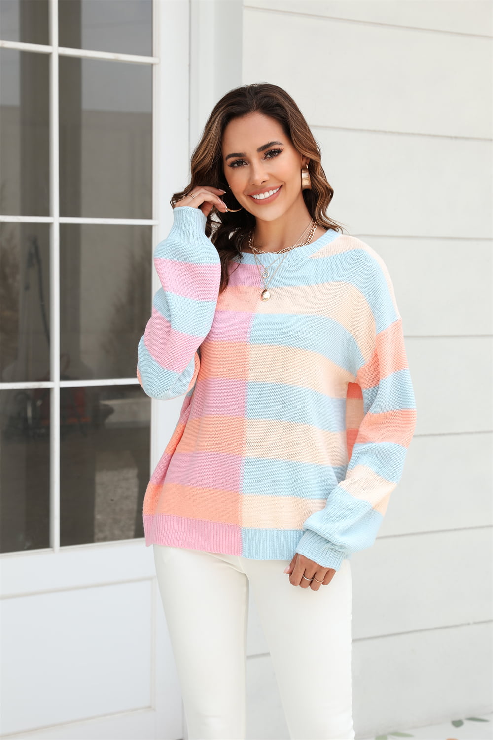 Angel Wings - Round Neck Long Sleeve Color Block Dropped Shoulder Pullover Sweater - Size: S-XL