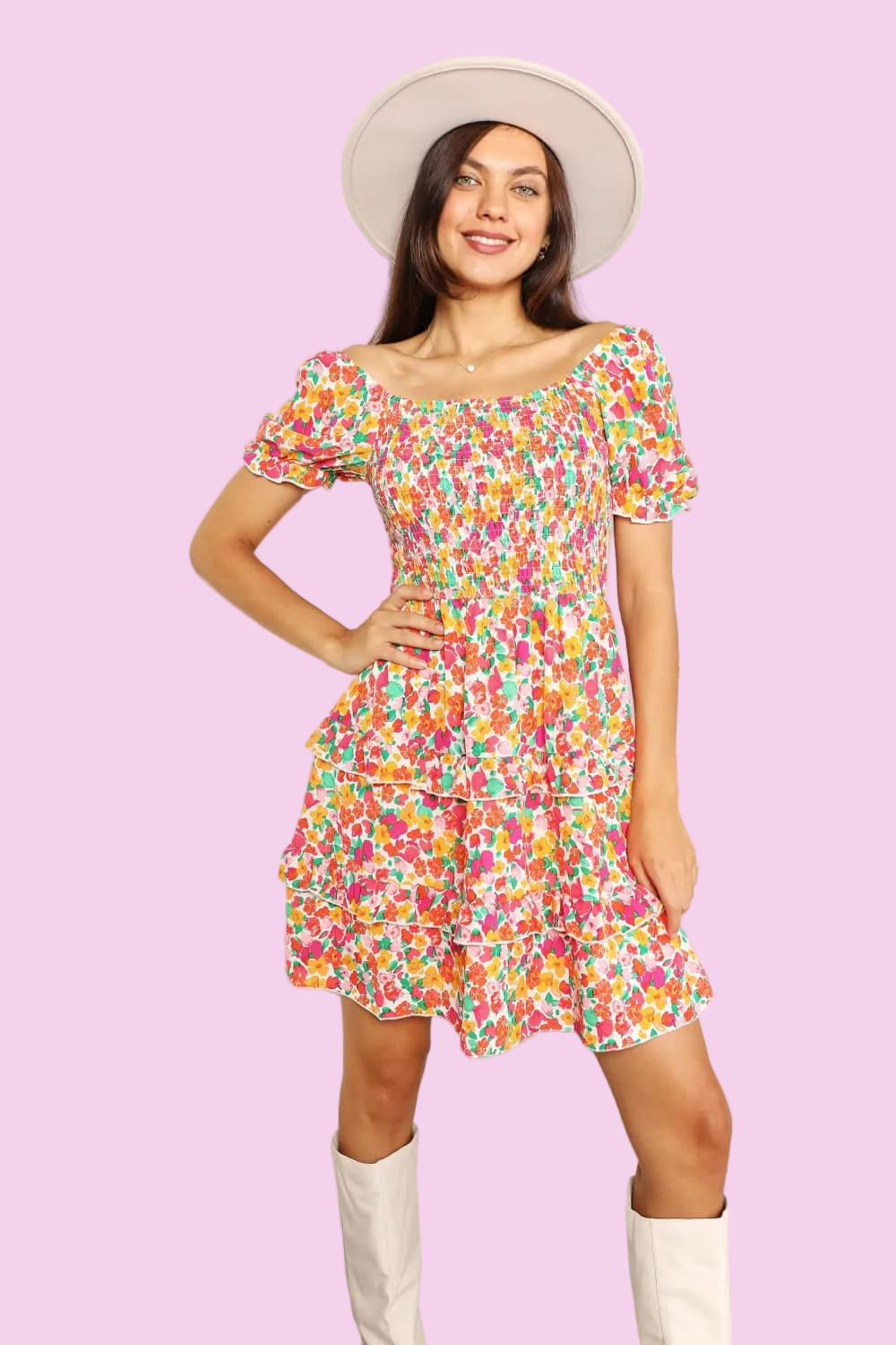 Floral Smocked Sweetheart Neck Flounce Sleeve Tiered Mini Dress - Size: S-XL - Spring Dress