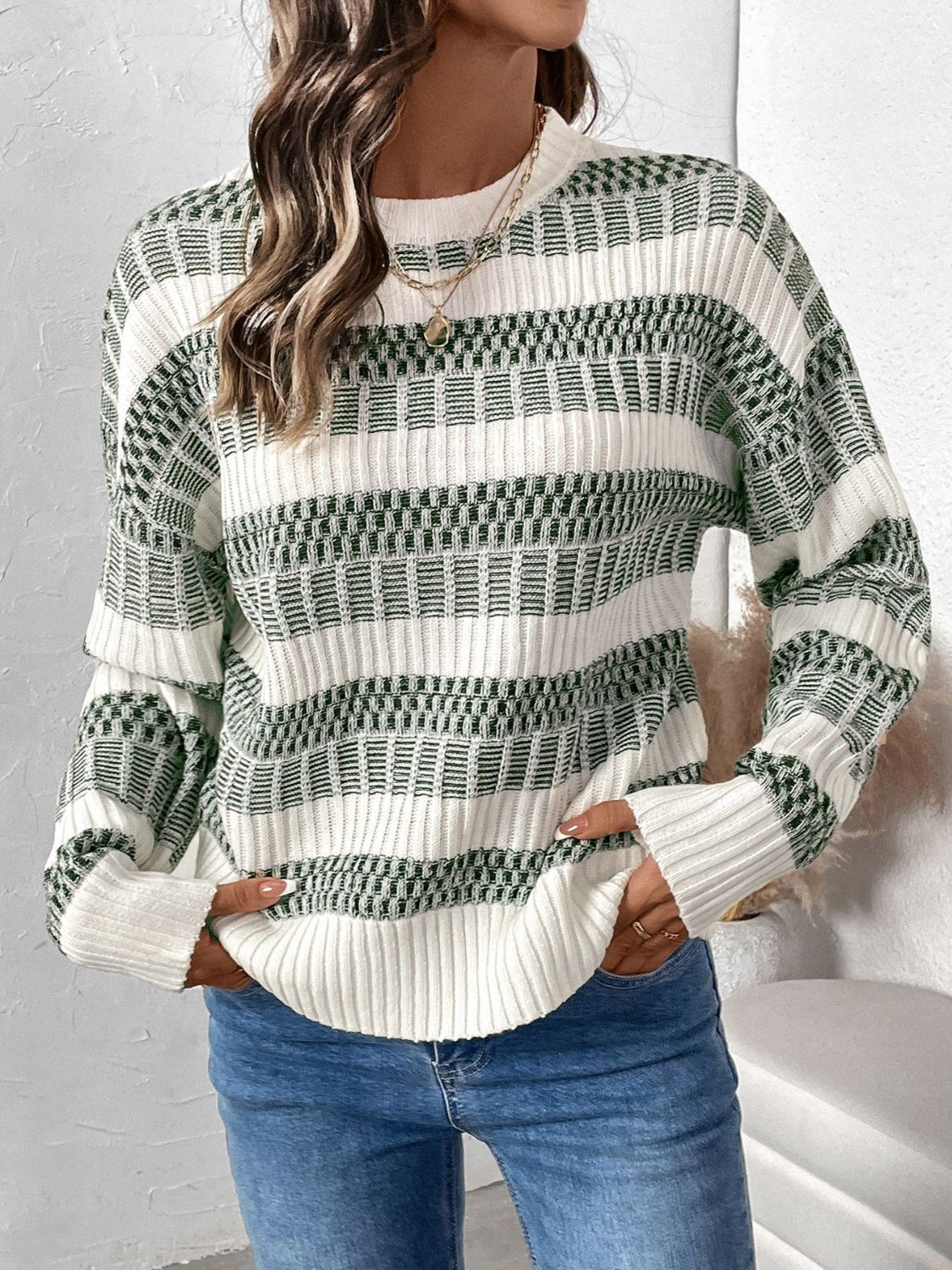 Perfee - Contrast Round Neck Long Sleeve Sweater