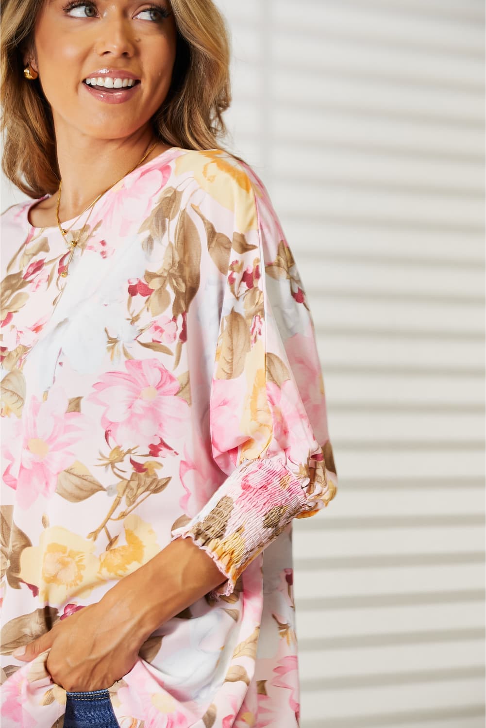 Double Take - Floral Round Neck Three-Quarter Sleeve Top - Size: S-XL