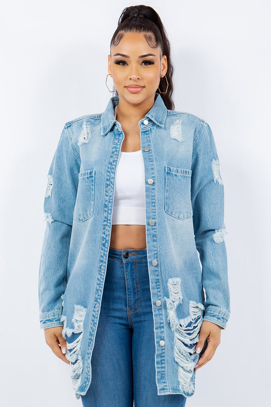 American Bazi - Distressed Button Up Long Sleeve Denim Jacket