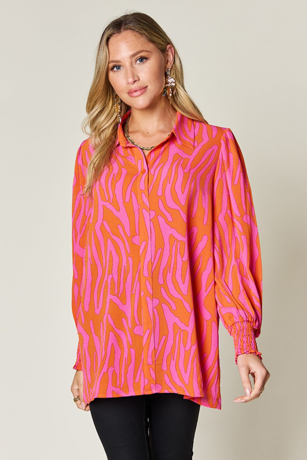 Double Take - Printed Smocked Long Sleeve Blouse - Size: S-3XL