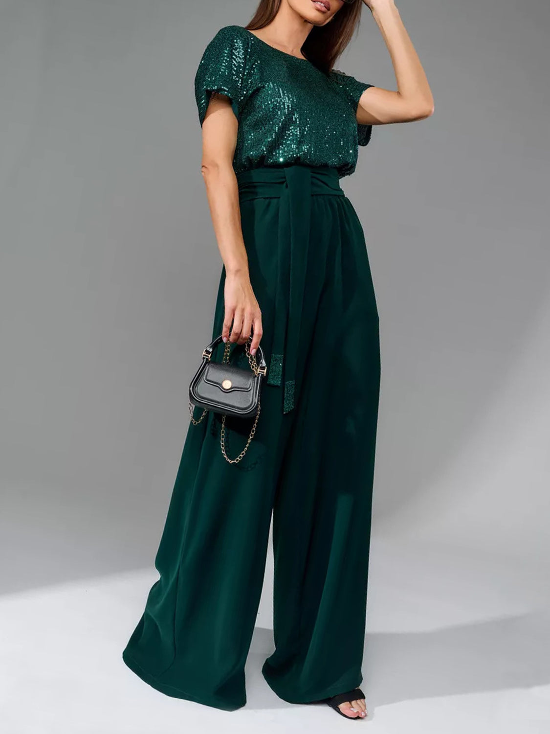 Sequin Round Neck Short Sleeve Wide Leg Jumpsuit - Size: S-3XL