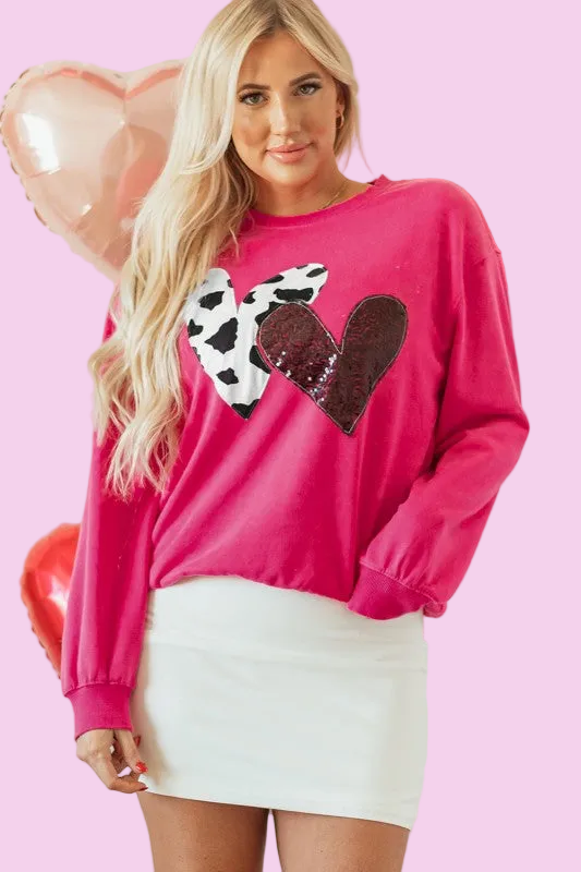 Valentine Heart Sequin and Cow Patchwork Pink Sweatshirt - Size: S-XL - Valentine's Day Outfit Ideas