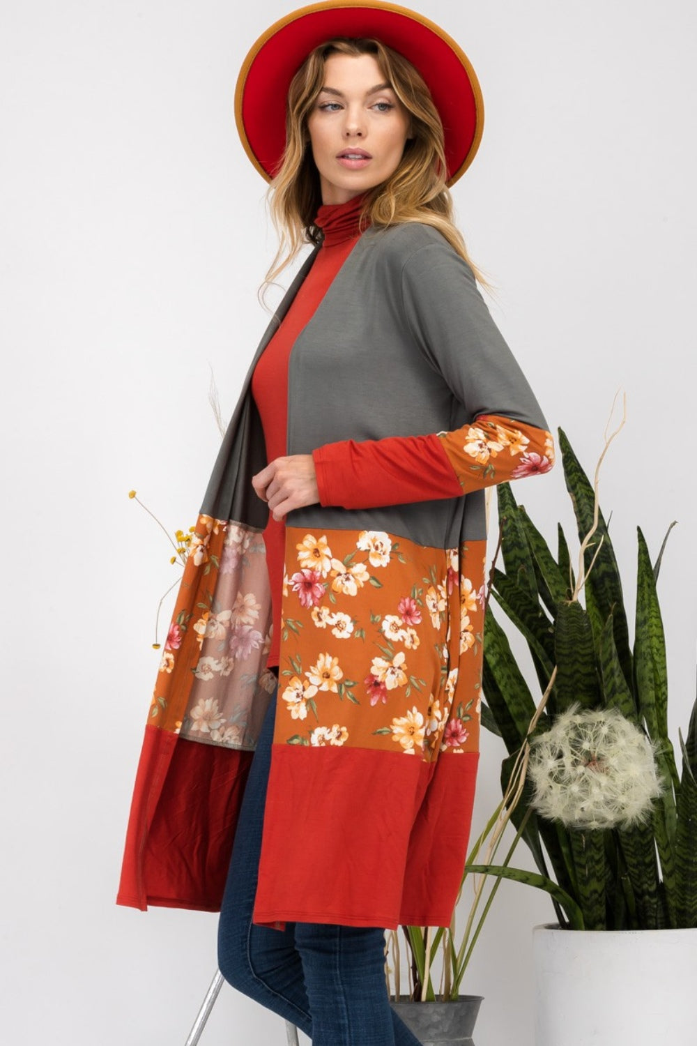 Celeste - Floral Color Block Open Front Cardigan - Size: S-3XL