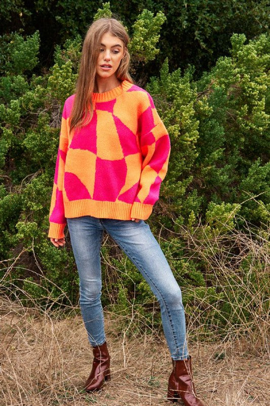 Davi & Dani - Multi Geo Checker Knit Sweater Top with Color Options