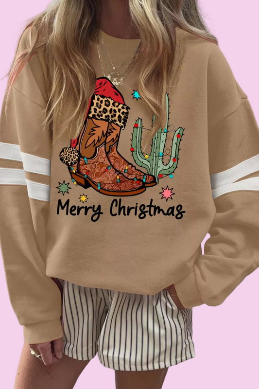 Khaki Cowboy Christmas Sweater - Cowboy Boots & Cactus Holiday Sweatshirt - Size: S-XL