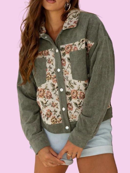 Floral Snap Down Corduroy Jacket - Size: S-XL