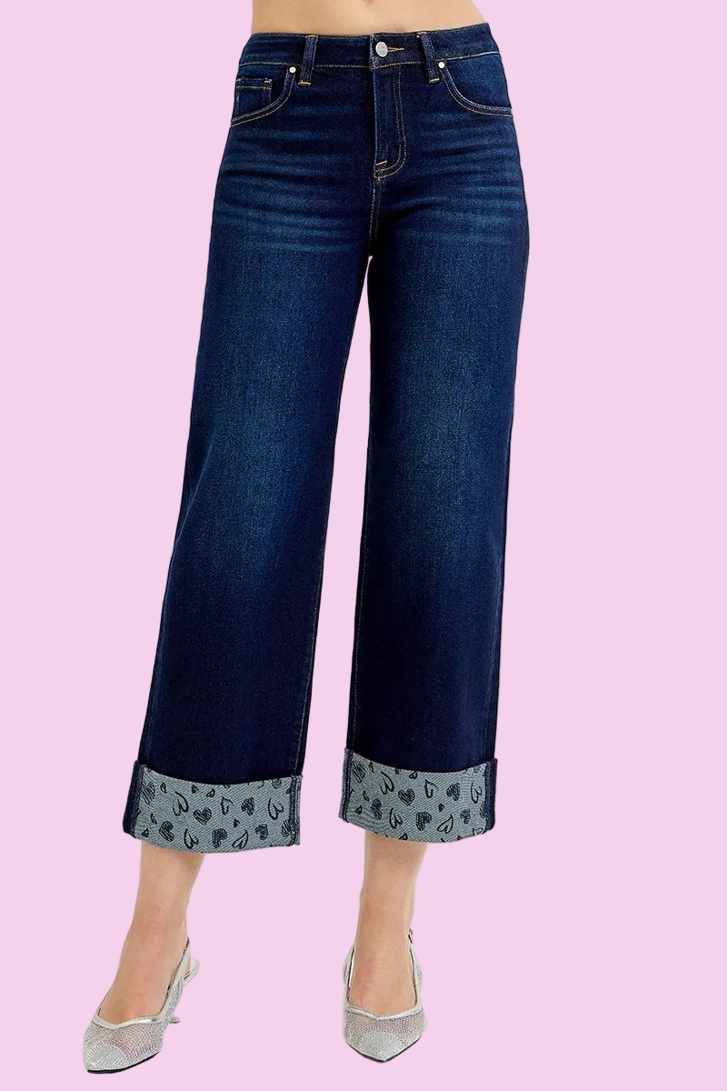 RISEN - Mid Rise Fit Crop Wide Leg With Heart Printed Cuff Jeans - Size: 0-15 & 1XL-3XL