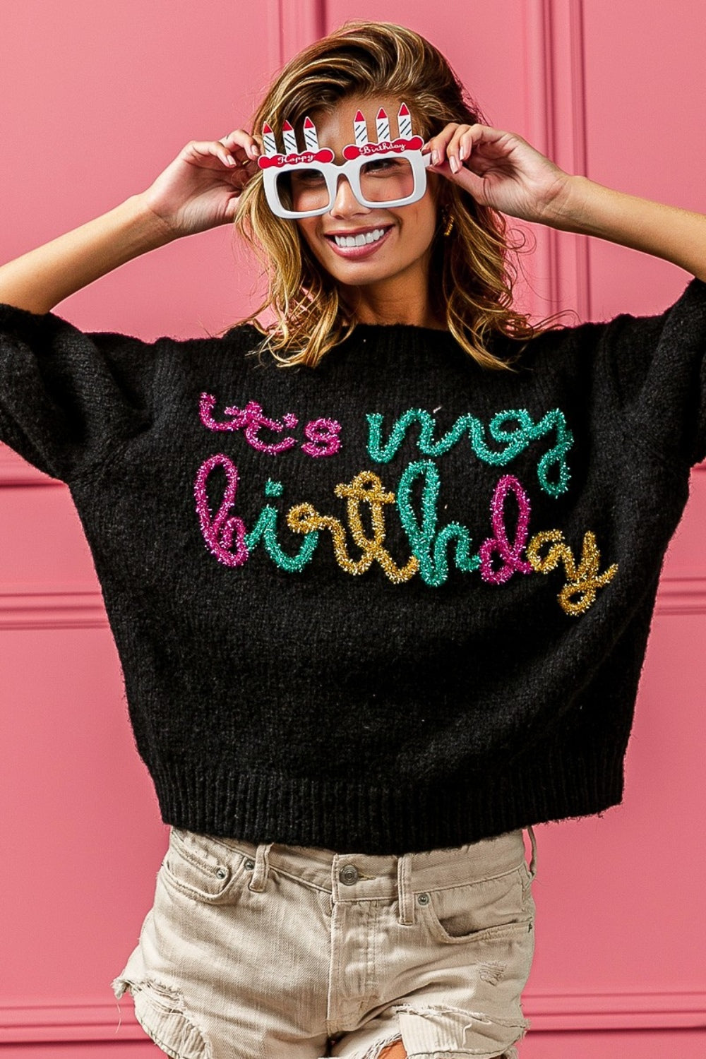 BiBi - Metallic Letter "It's My Birthday" Puff Sleeve Hairy Sweater