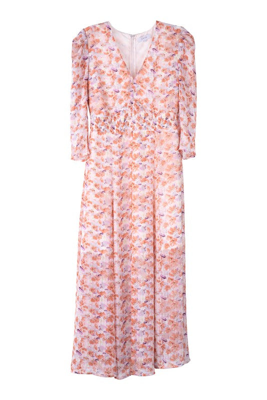 V Neck Floral Lined Chiffon Maxi Dress