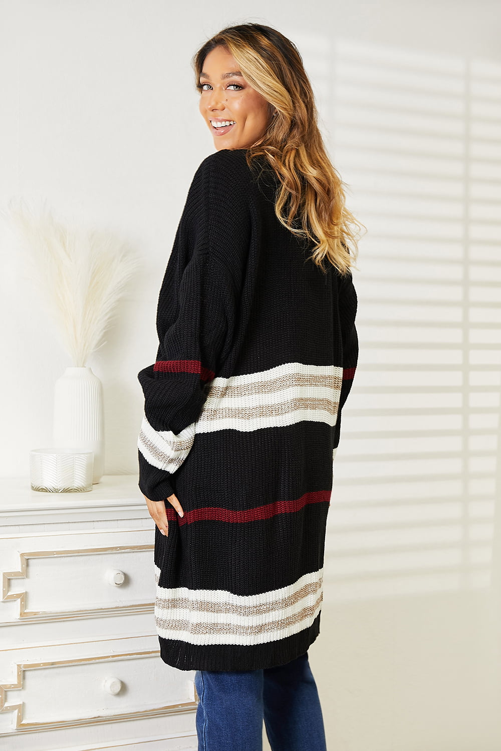 Perfee - Striped Rib-Knit Drop Shoulder Open Front Cardigan - Size: S-L