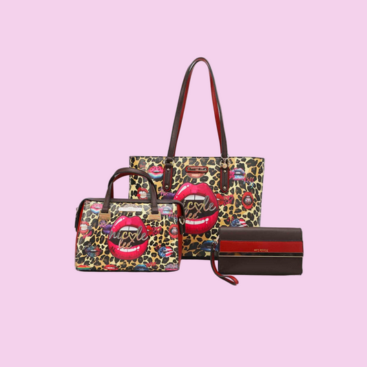 Nicole Lee USA - 3-Piece Wild Lips Print Handbag Set