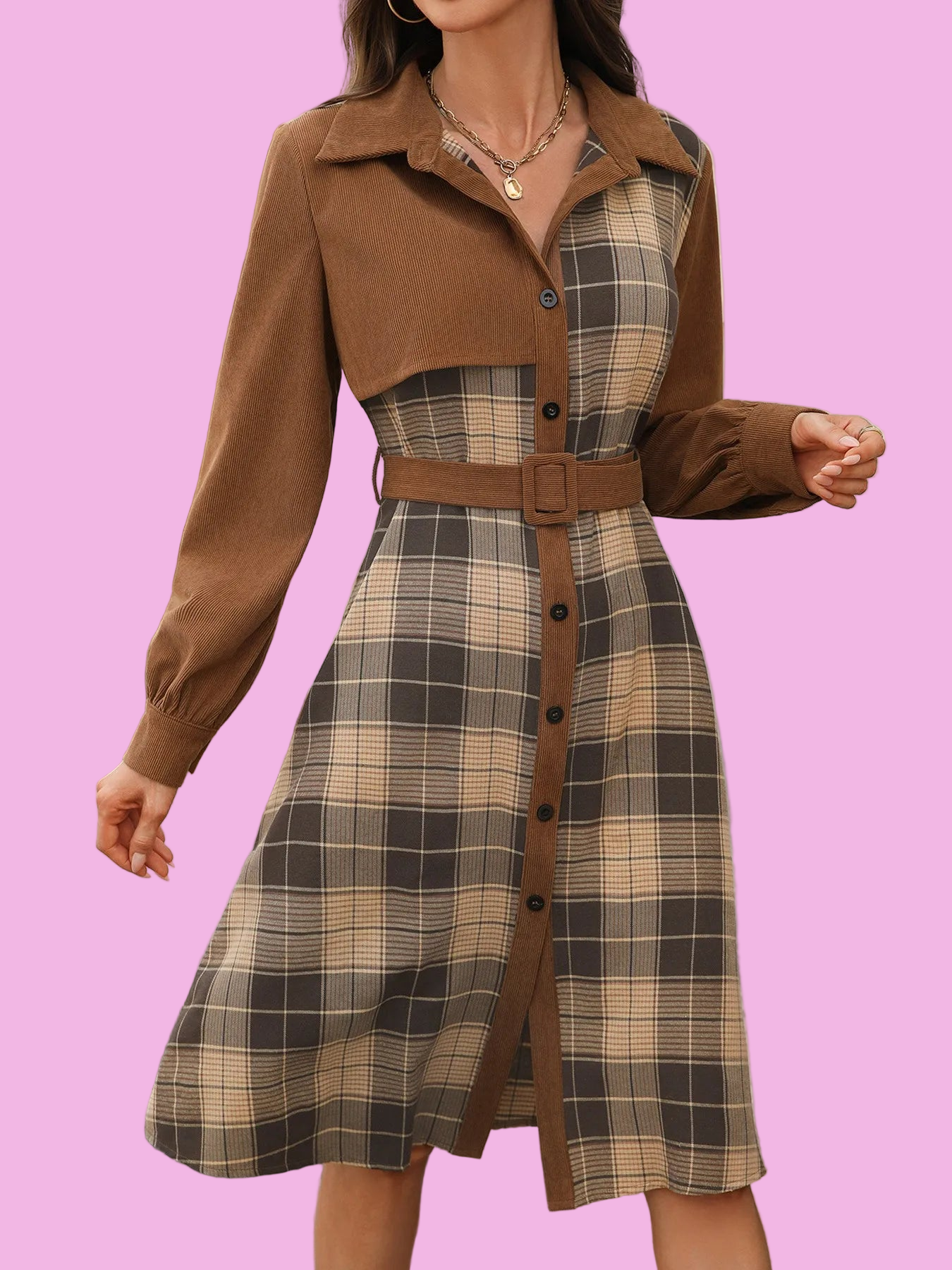 Button Front Plaid Long Sleeve Dress - Size: S-XL