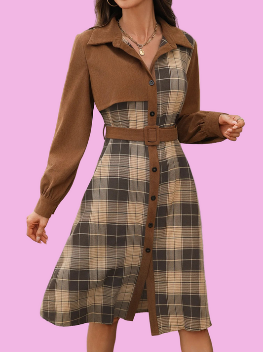 Button Front Plaid Long Sleeve Dress - Size: S-XL