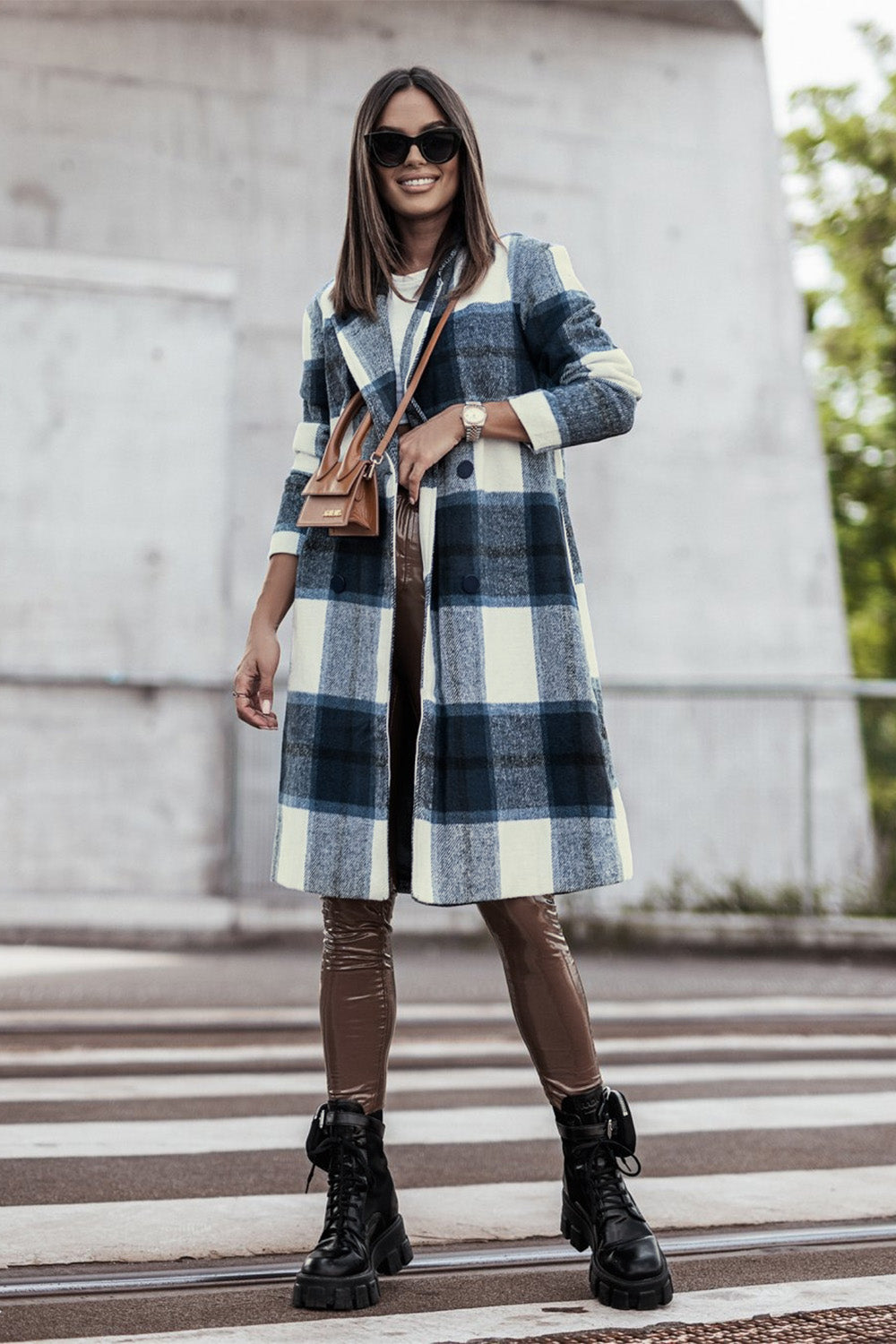 Double Take - Plaid Button Up Lapel Collar Coat - Size: S-3XL