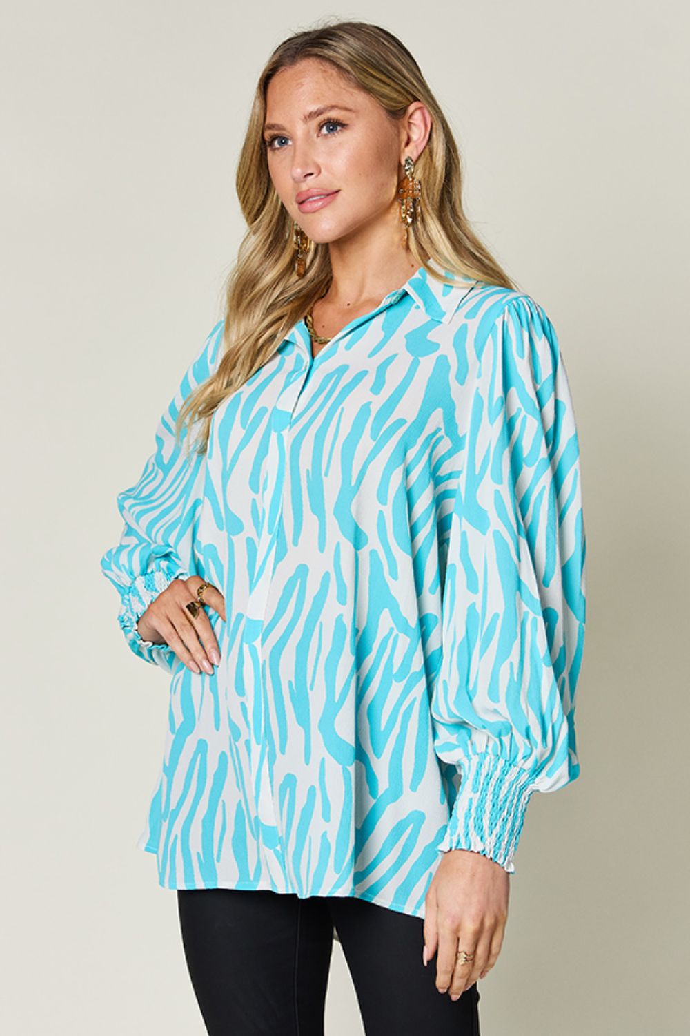 Double Take - Printed Smocked Long Sleeve Blouse - Size: S-3XL