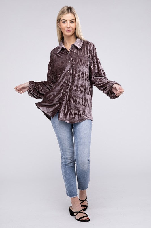 Bibi - Wrinkle Effect Tiered Shirring Velvet Shirt w/ Color Options