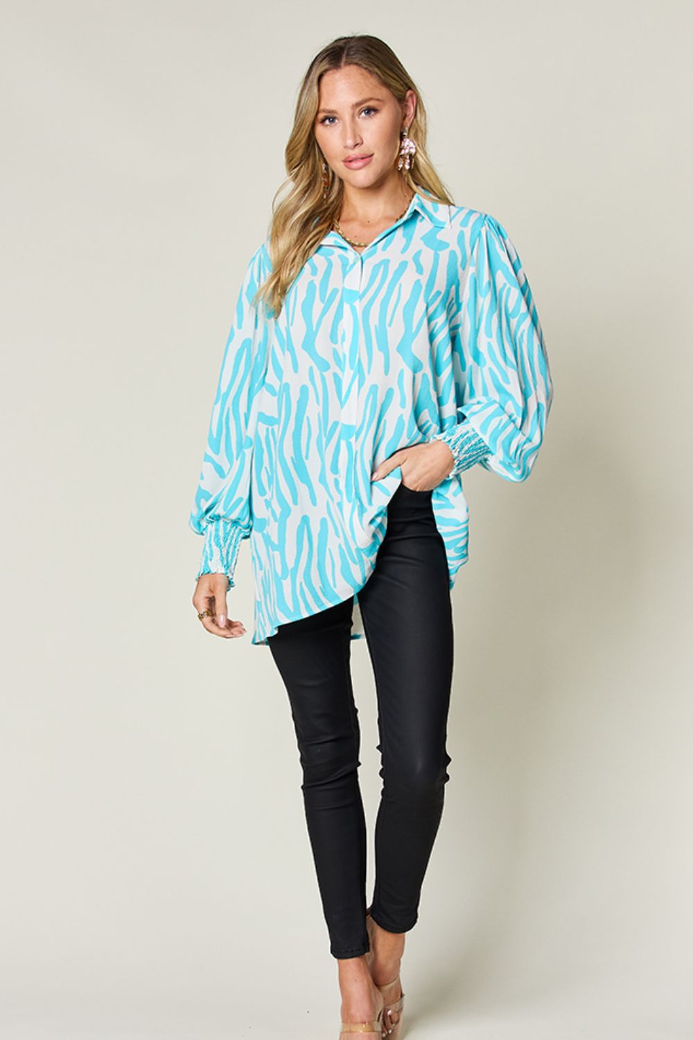 Double Take - Printed Smocked Long Sleeve Blouse - Size: S-3XL