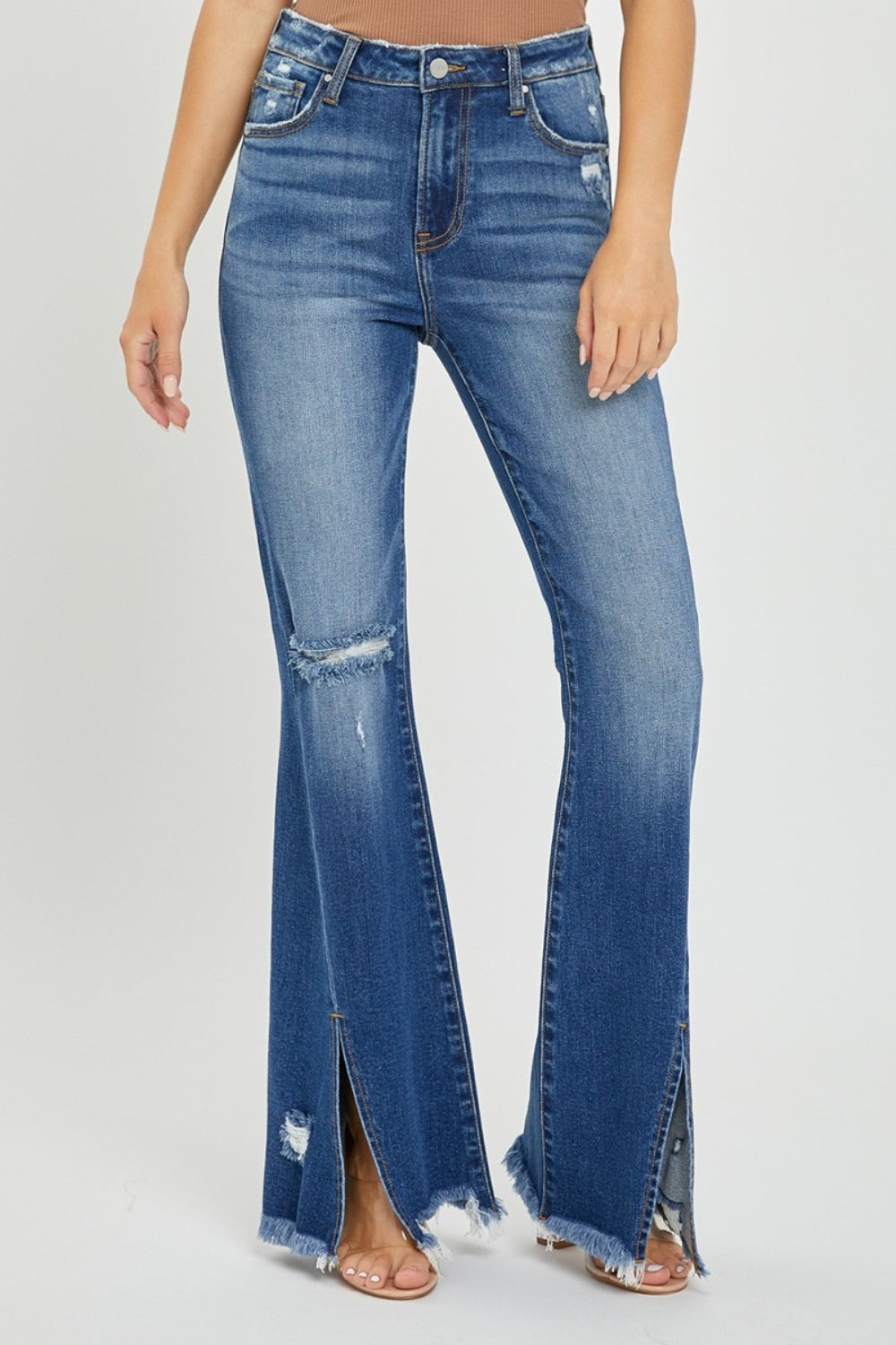 RISEN - High Rise Front Slit Frayed Hem Flare Jeans - Size: 0-3XL