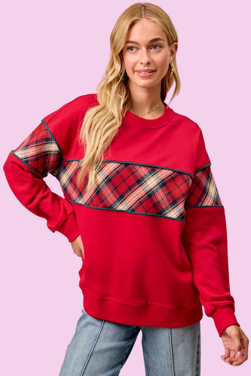 Red Plaid Color Block Sweatshirt - Christmas Sweater - Size: S-XL