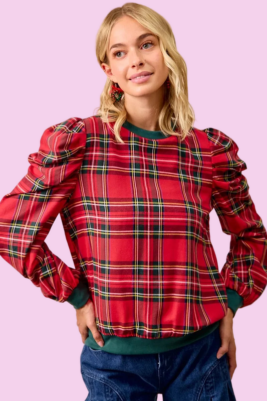Red Christmas Plaid Exaggerated Shoulder Long Sleeves Top - Size: S-XL - Holiday Apparel