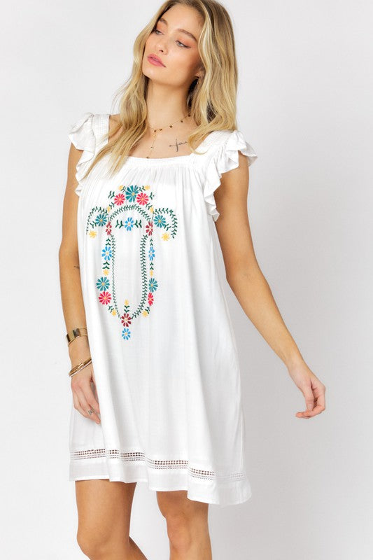 Davi & Dani - Embroidered Square Neck Mini Dress