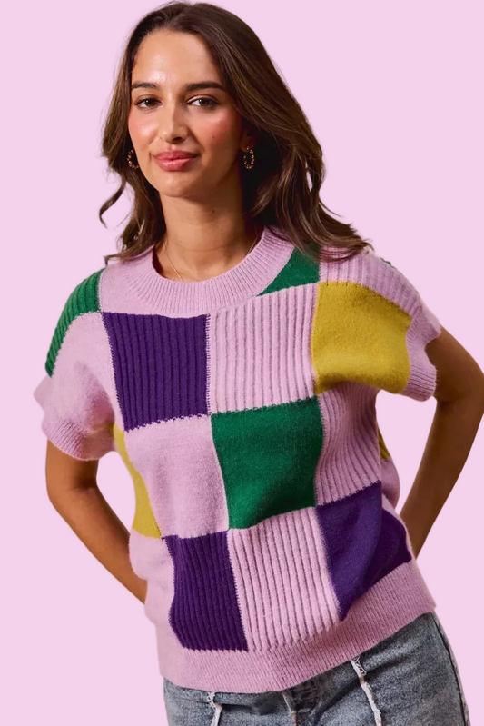 SO ME - Mardi Gras Check Plaid Casual Sweater Top - Size: S-XL