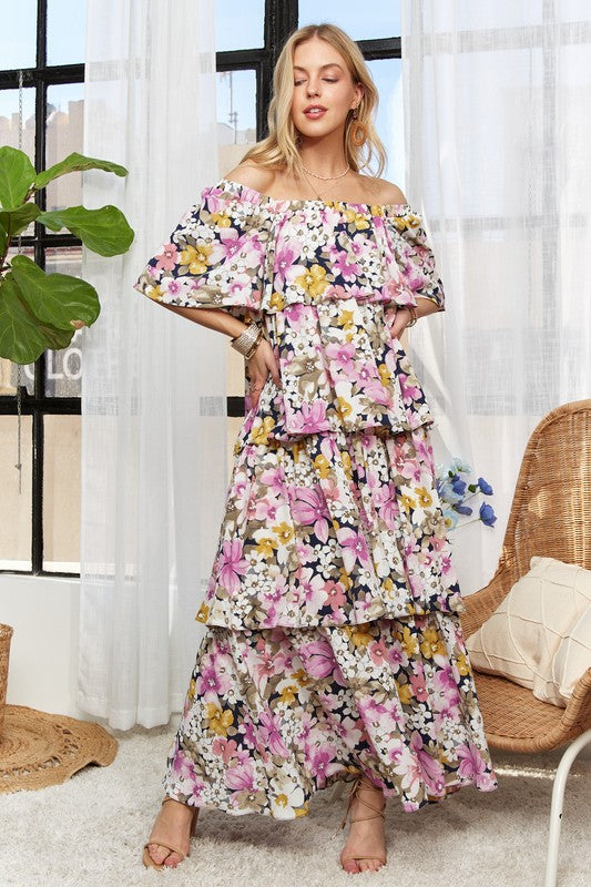 ADORA - Layered Floral Off-Shoulder Short Sleeve Maxi Dress - Size: S-L