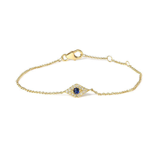 10K Yellow Gold Blue Sapphire and Diamond Accent Evil Eye Station Link Bracelet (H-I Color, I1-I2 Clarity) - Size 7" - (The Luxe Line)