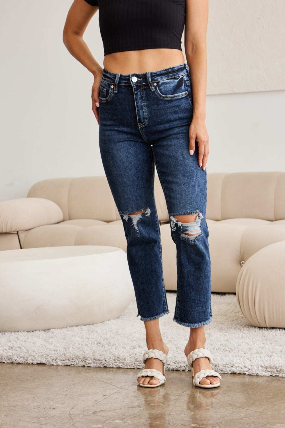 RFM - Crop Dylan Tummy Control Distressed High Waist Raw Hem Jeans - Size: 23-32 & 16W-24W