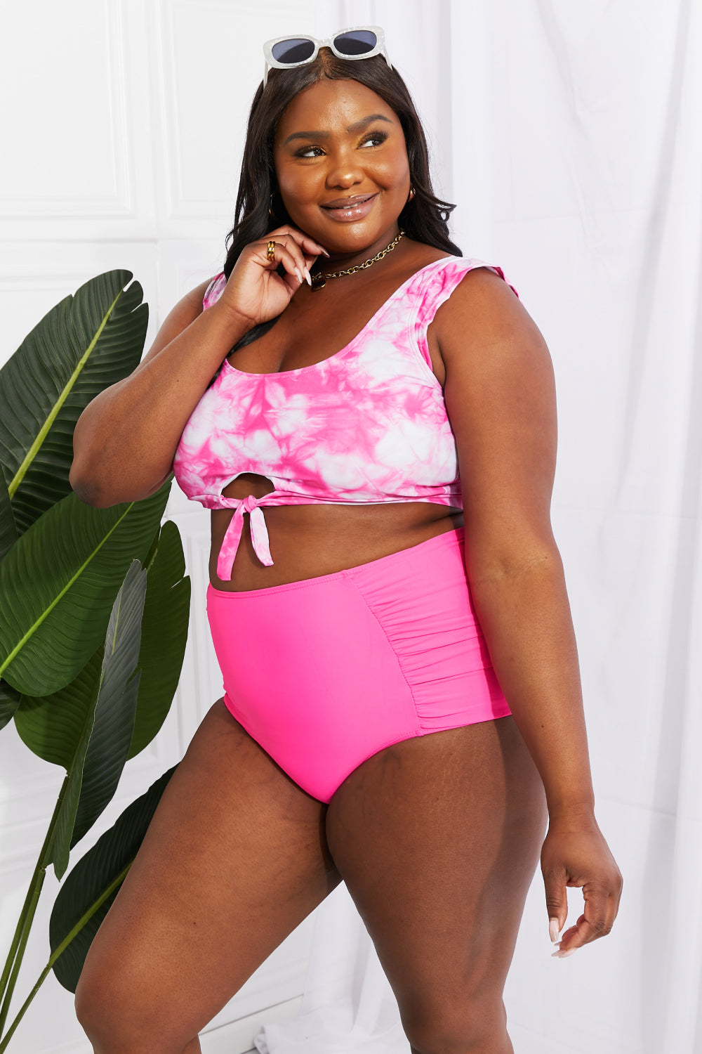 Marina West Swim - Sanibel Crop Swim Top and Ruched Bottoms Set in Pink