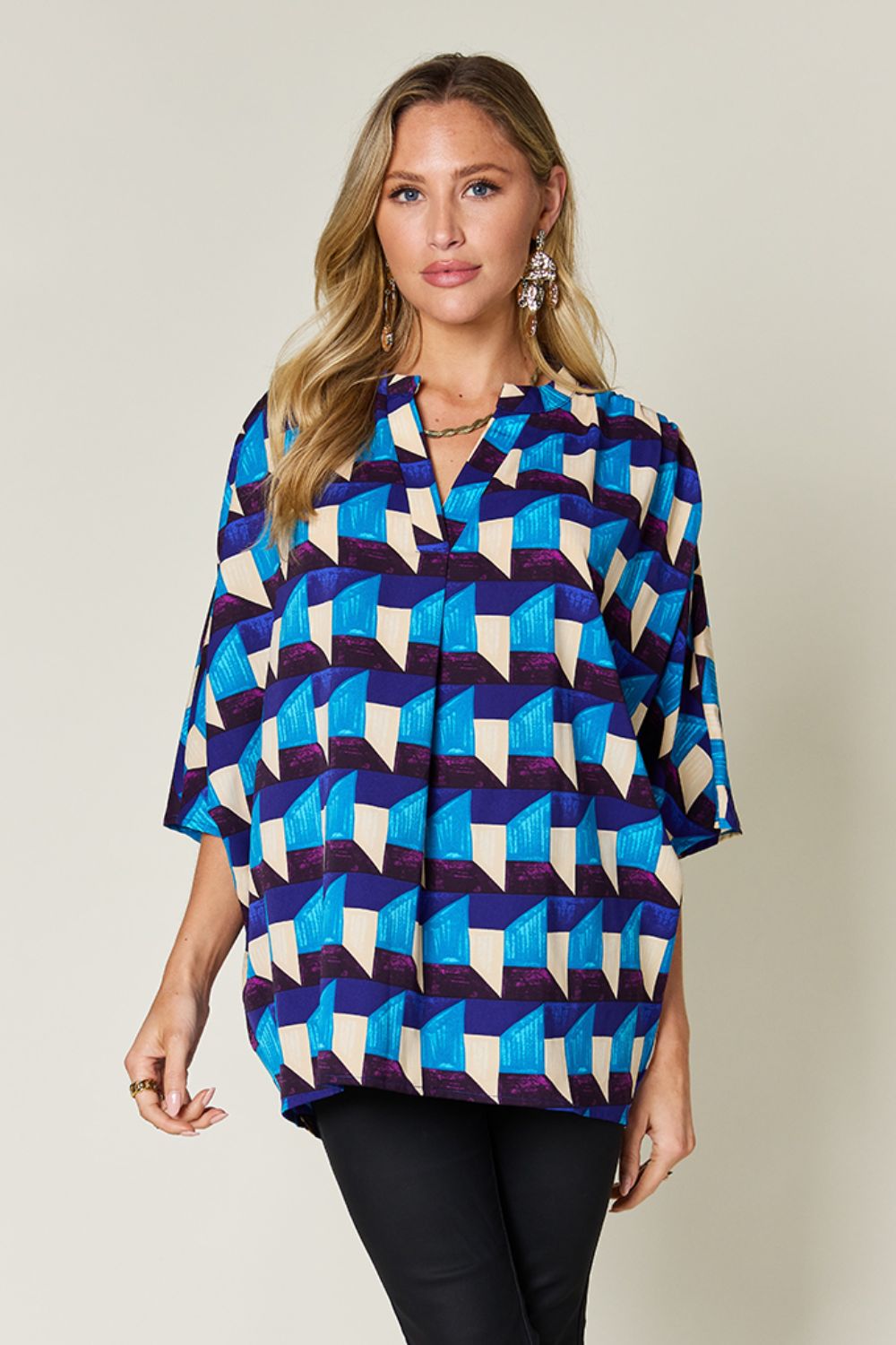 Double Take - Geometric Notched Half Sleeve Blouse - S-3XL