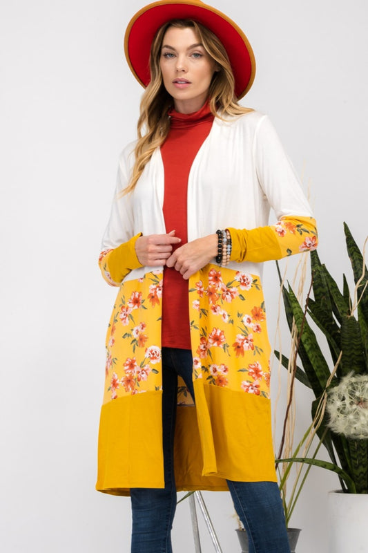 Celeste - Floral Color Block Open Front Cardigan - Size: S-3XL