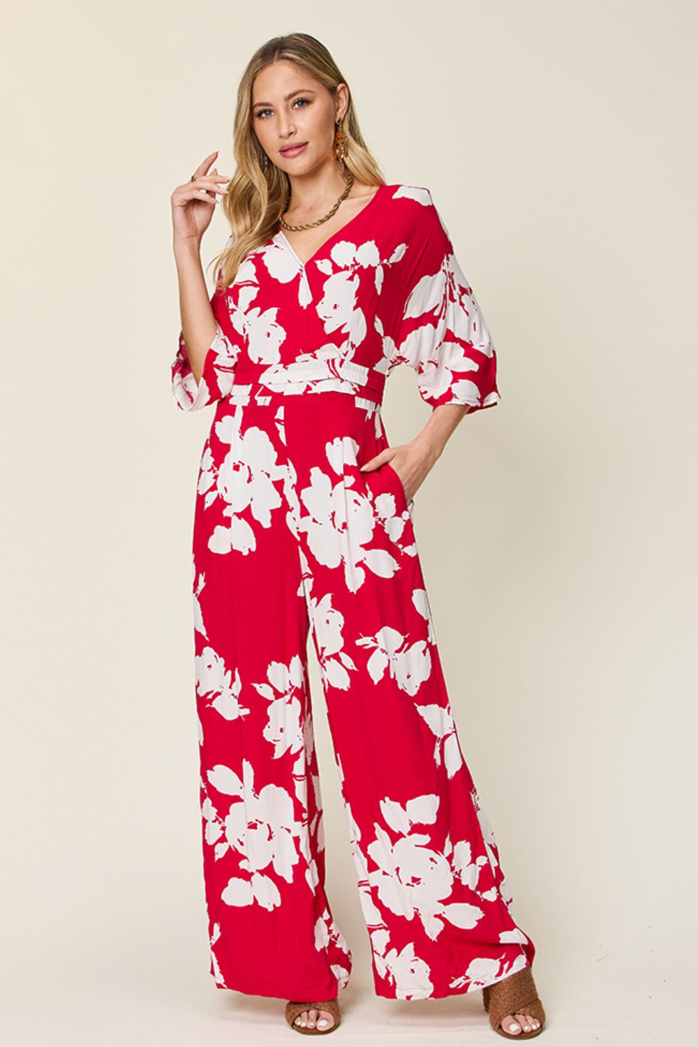 Double Take - Printed Tie Back Wide Leg Jumpsuit - S-3XL