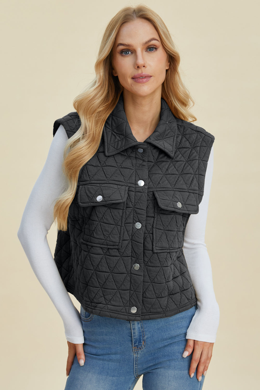 Double Take - Pocketed Texture Snap Down Vest Coat - Size: S-3XL