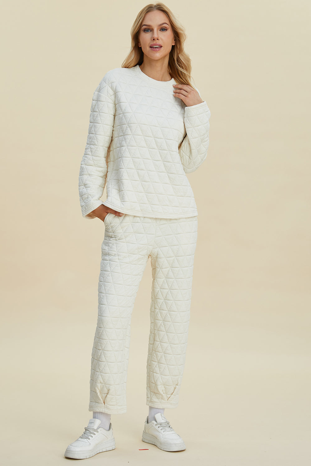 Double Take - Texture Round Neck Long Sleeve Top and Pants Set - Size: S-3XL