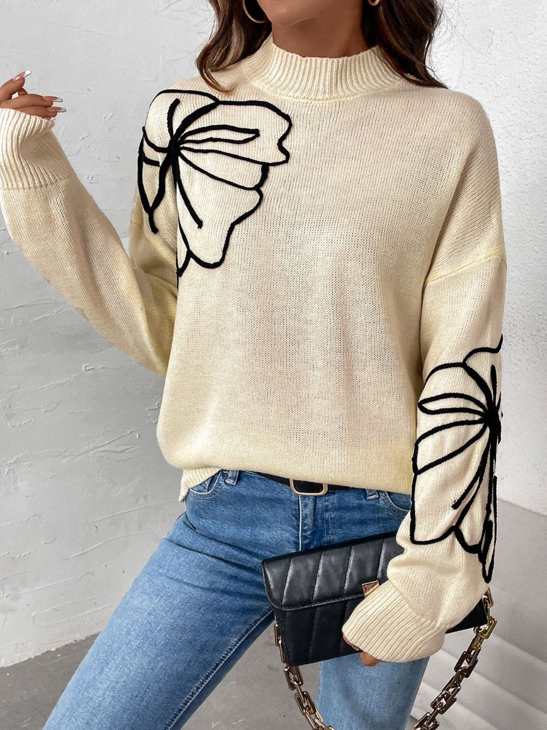 Perfee - Mock Neck Dropped Shoulder Long Sleeve Sweater