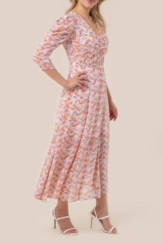 V Neck Floral Lined Chiffon Maxi Dress