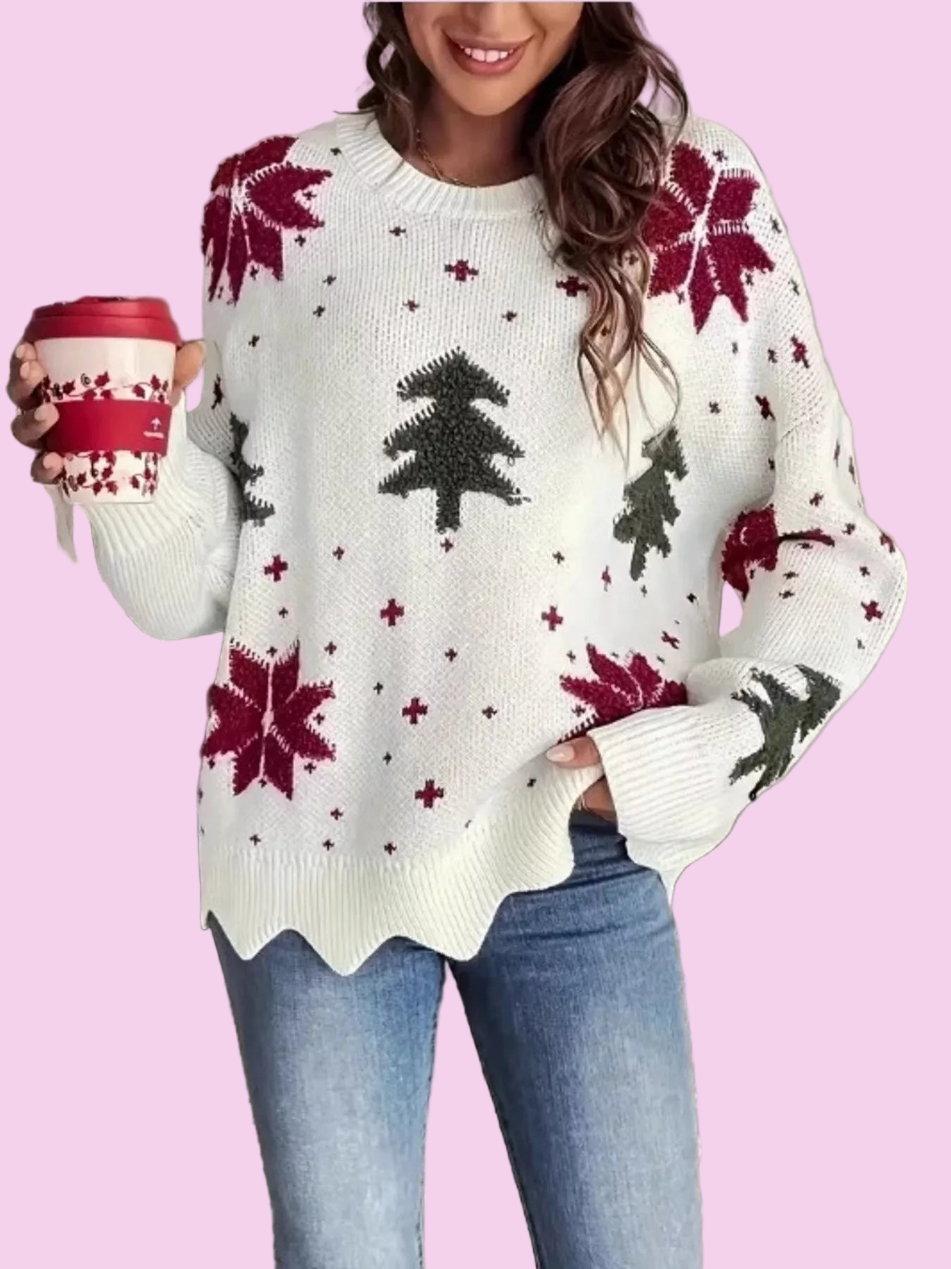 Christmas Tree Pattern Round Neck Sweater - Size: S-2XL