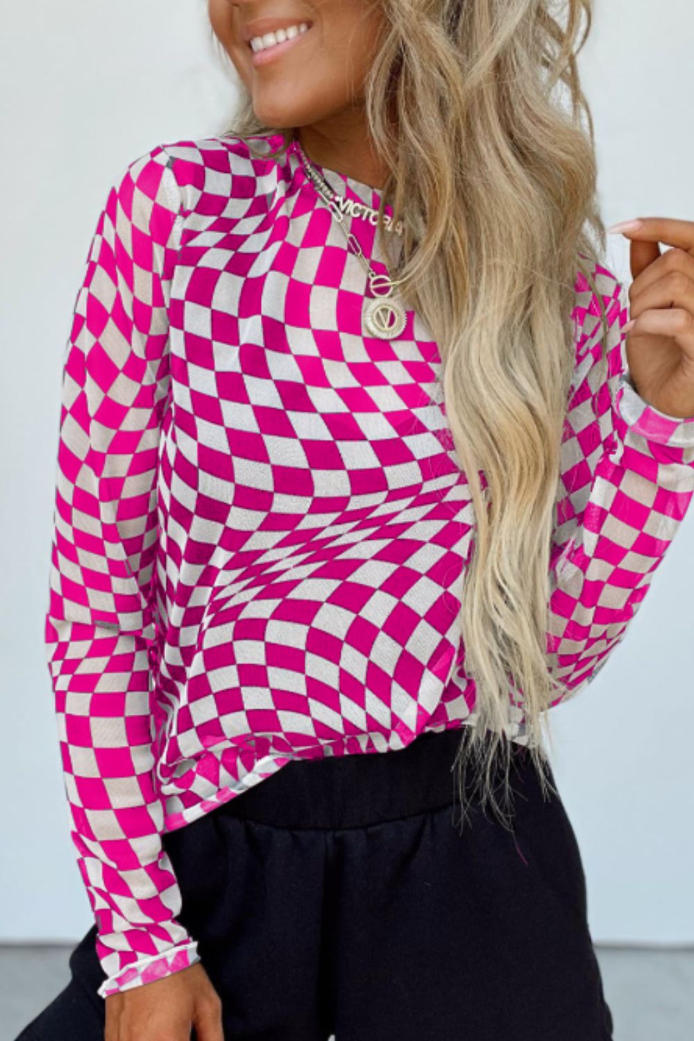 Checkered Mock Neck Long Sleeve Sheer Blouse - Size: S-XL