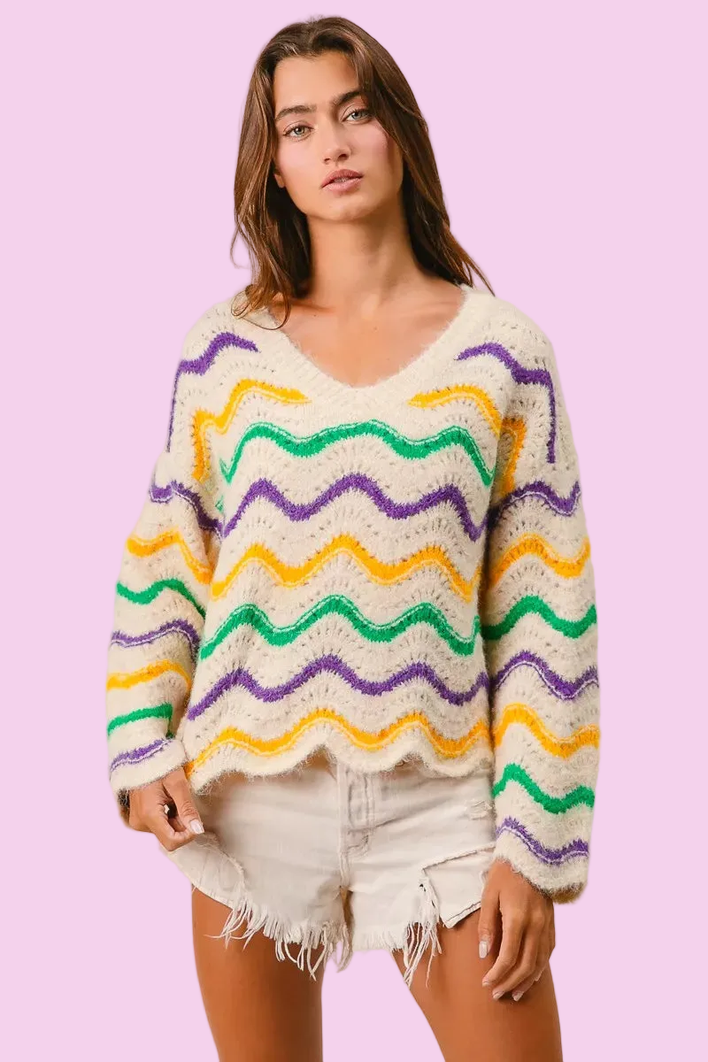 BiBi - Mardi Gras Wavy Stripes V-Neck Sweater - Size: S-XL