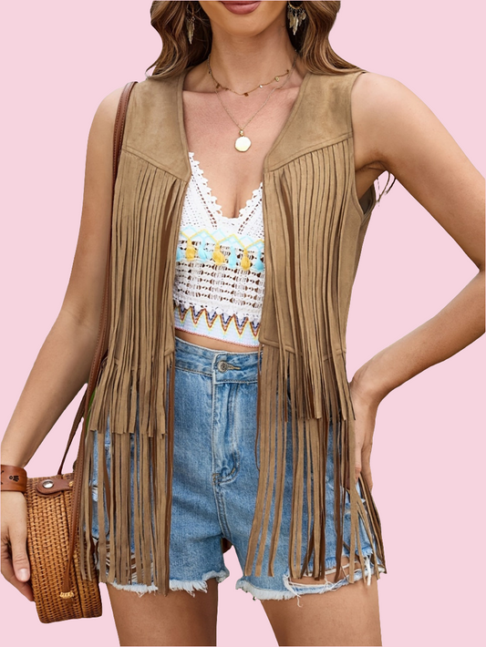 Fringe Open Front Suede Vest – Boho Western Layering Piece for Women - Size: S-2XL